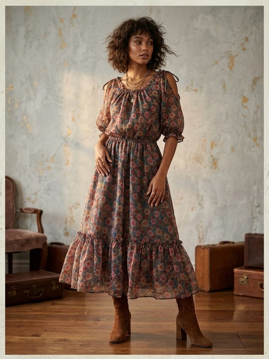 Vintage Dresses & Skirts - Vintage 70s Boho Floral Prairie Midi Dress | M